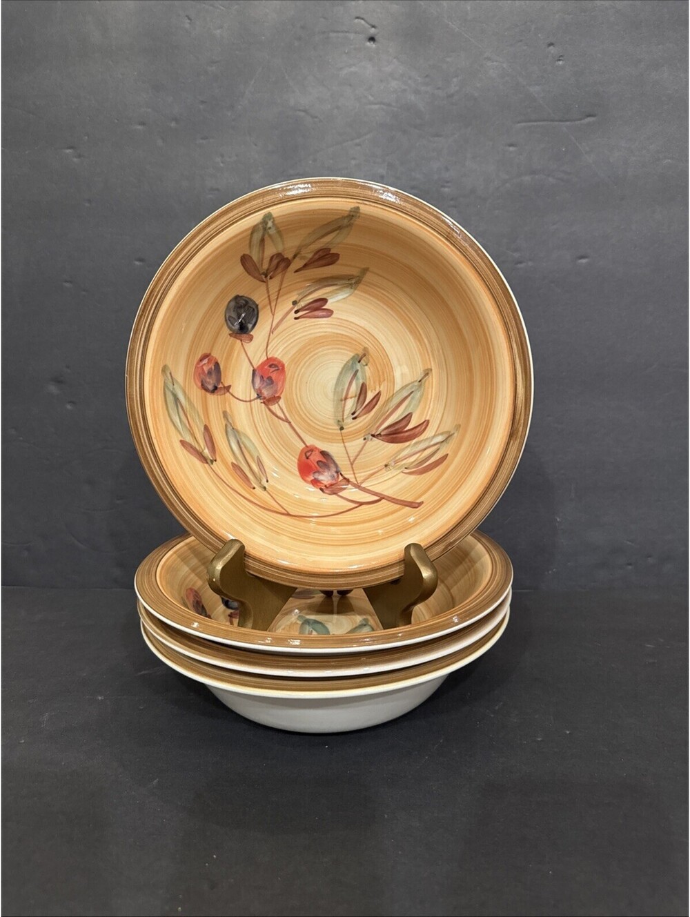 Gibson Roman Olive (4) Pasta Bowl Hand Painted Tuscan 8.5" X 2" Dish Stoneware